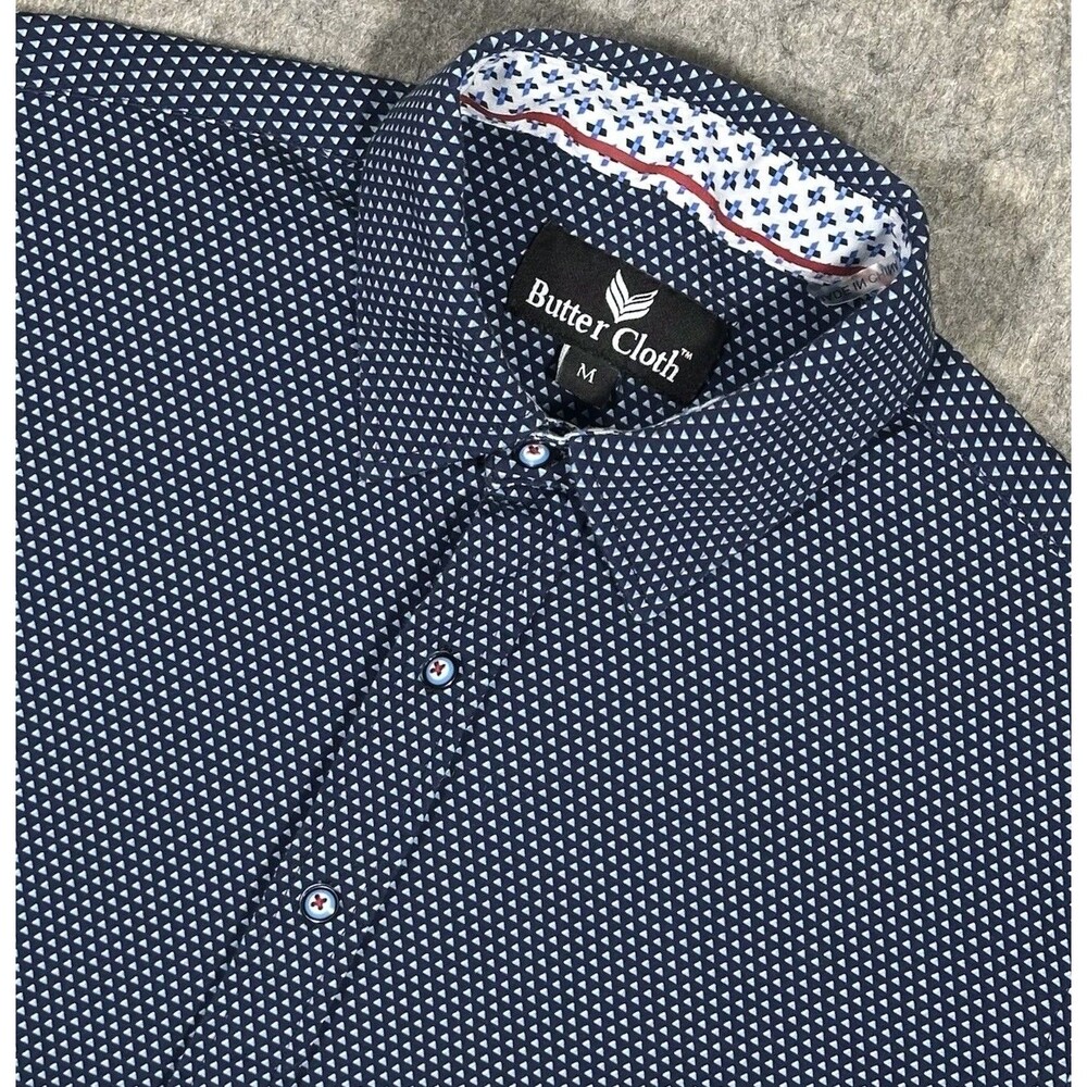Buttercloth Long Sleeve Button Up Shirt Men’s M Blue Geometric Stretch Comfort